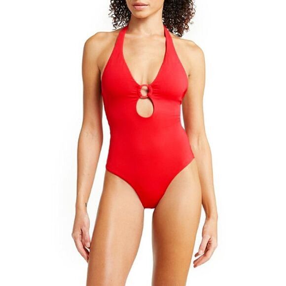 Sea Level Eco Essentials Red Keyhole Halter One-Piece Swimsuit Size 12 - Picture 2 of 13